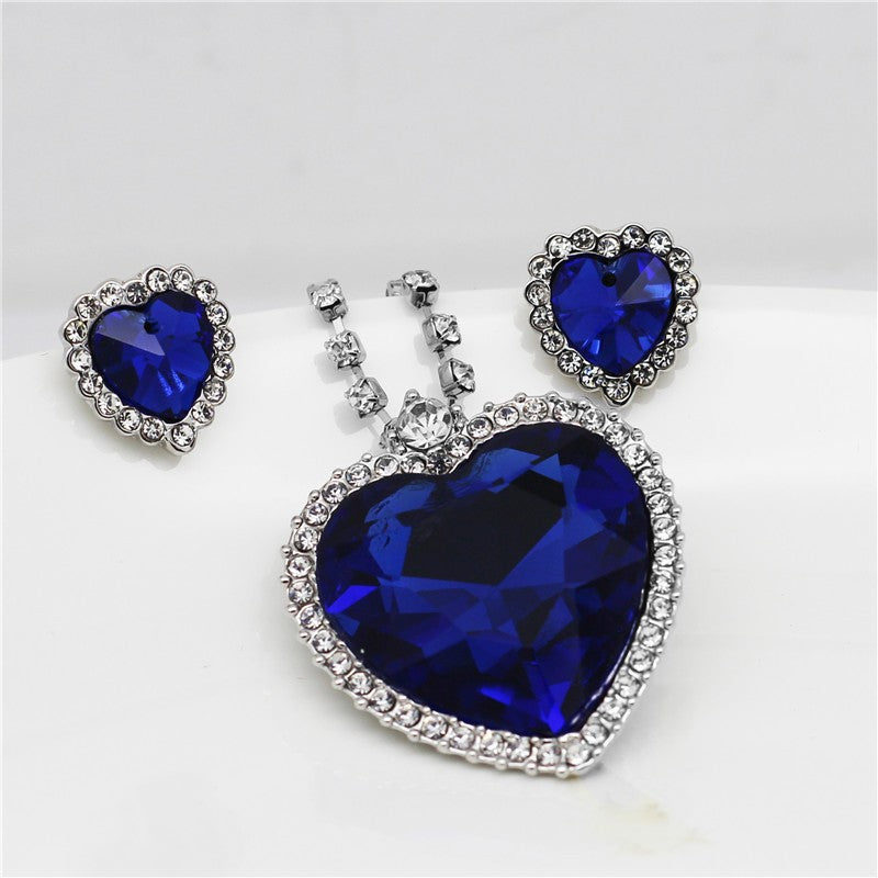 sengpan bridal jewelry set for wedding Heart of Ocean Blue Heart Love Forever Jewelry Set For Women Crystal Rhinestones Necklace Earrings Ring Bracelet Set