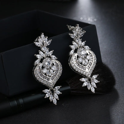 sengpan - New Arrival Luxury Big Long Flower Pendant Drop Earrings With Shining CZ Brincos Bridal Women Wedding Party Jewelry