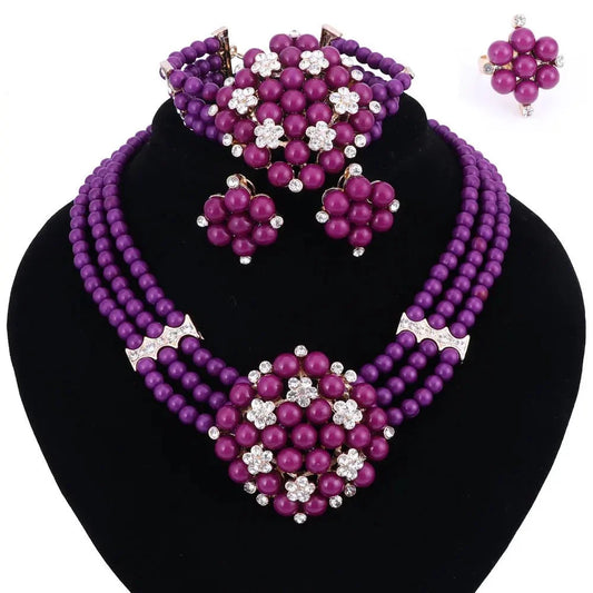 sengpan - New Year Gift~Beads Choker Classic yellow purple pearl Roses Nigerian African Beads Jewelry Set Wedding Party Queen Jewelry Sets