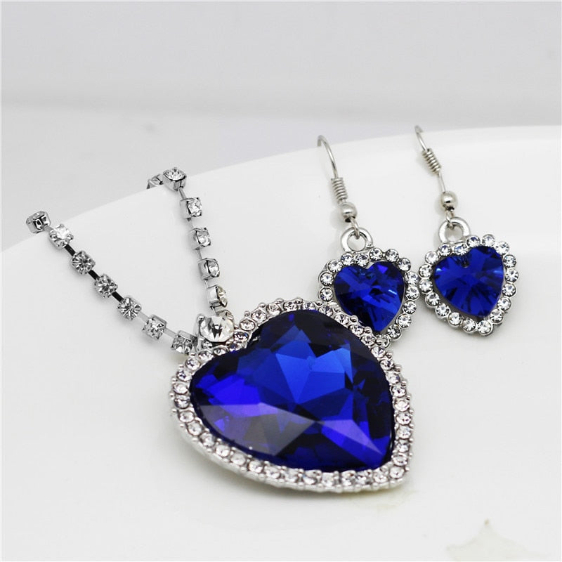 sengpan bridal jewelry set for wedding Heart of Ocean Blue Heart Love Forever Jewelry Set For Women Crystal Rhinestones Necklace Earrings Ring Bracelet Set