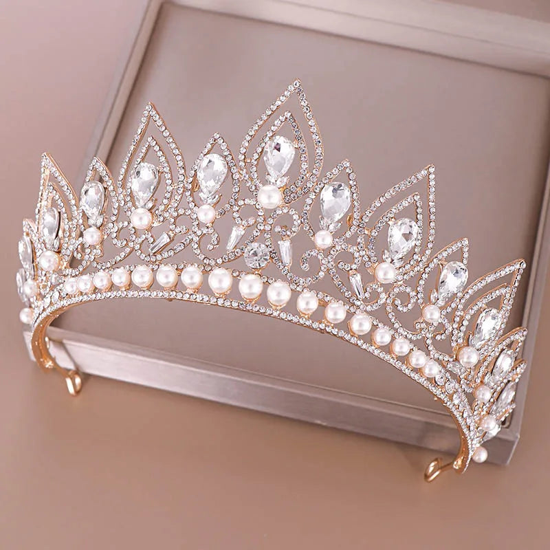 sengpan Baroque Luxury Drop Shape Crystal Crown Princess Birthday Party Imitation Pearl Tiaras Headwear Bridal Wedding Hair Accesories