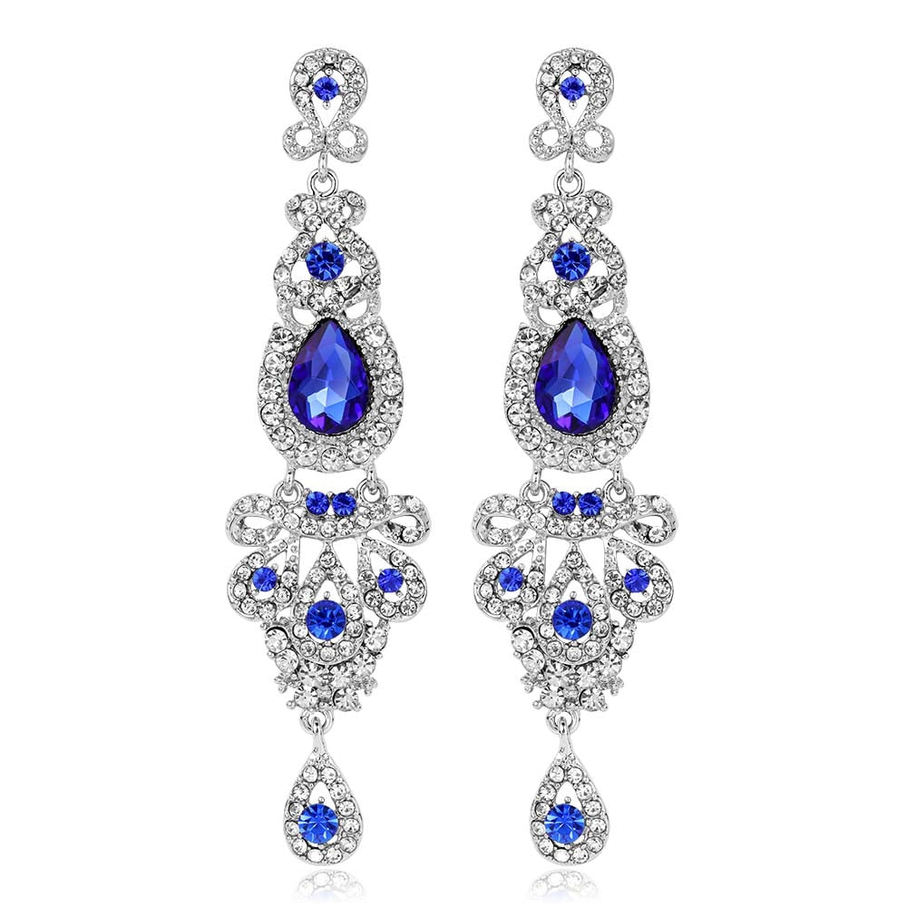 sengpan Clear/Red/Royal Blue Crystal Wedding Long Drop Earrings for Women Brides Earrings Prom Jewelry Gifts Femme Pendiente