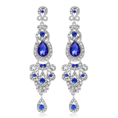 sengpan Clear/Red/Royal Blue Crystal Wedding Long Drop Earrings for Women Brides Earrings Prom Jewelry Gifts Femme Pendiente