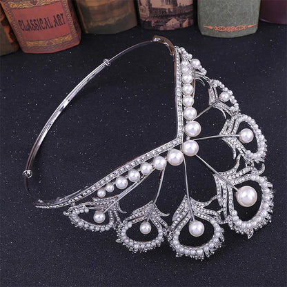 sengpan Women Big Round Shaped Tiara Crown Bridal Wedding Feather Shaped Beauty Hair Jewelry Girls Simulation Pearl Pageant Headpieces