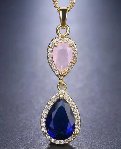 sengpan - New Hot sale Pink and Blue Fashion Zircon Necklaces & Dazzling Double Water Drop Shaped Pendant Necklace For Women Gift