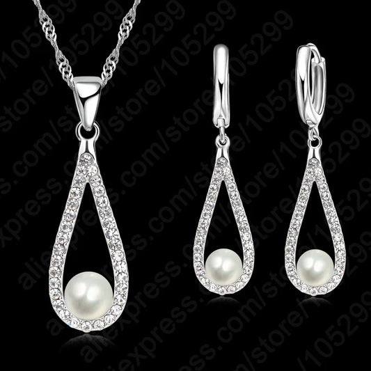 sengpan Real 925 Silver Needle Shiny CZ Crystal Water Drop Pearl Necklaces For Woman Fine Jewelry Wedding Earring Set Gift Hot