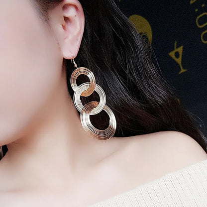 sengpan Punk Gold Colour Big Geometric 3 Circle Metal Long Dangle Earrings For Women Bohemian Party Exaggerated Fashion Jewelry