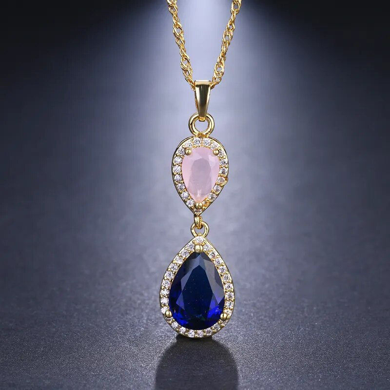 sengpan - New Hot sale Pink and Blue Fashion Zircon Necklaces & Dazzling Double Water Drop Shaped Pendant Necklace For Women Gift