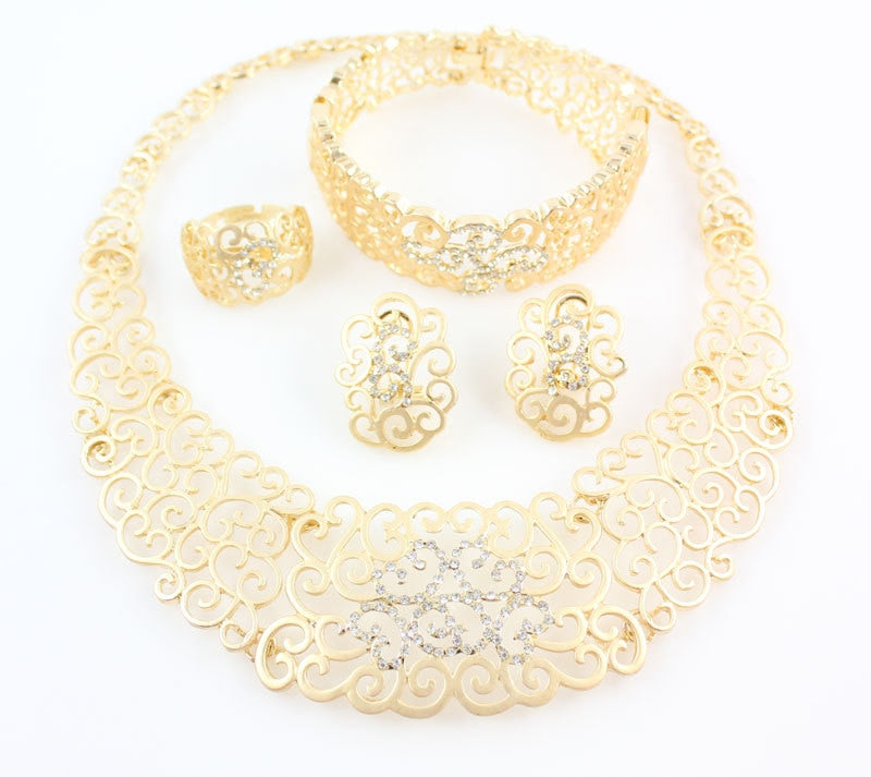 sengpan African Costume Jewelry Sets Gold  Crystal Wedding Women Bridal Accessories nigerian Flower Pattern Necklace Set