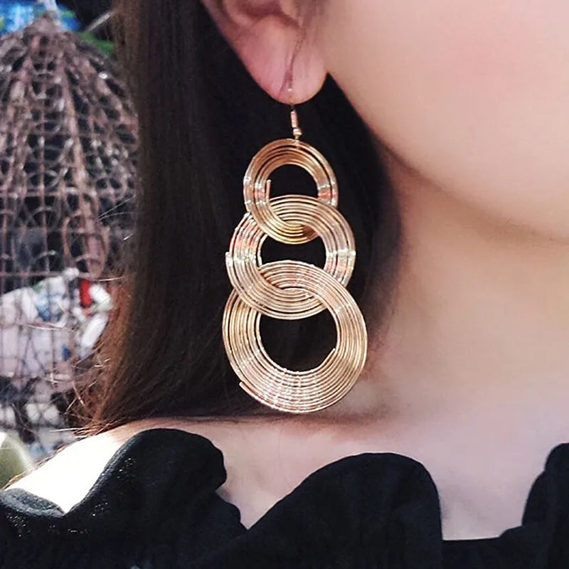 sengpan Punk Gold Colour Big Geometric 3 Circle Metal Long Dangle Earrings For Women Bohemian Party Exaggerated Fashion Jewelry