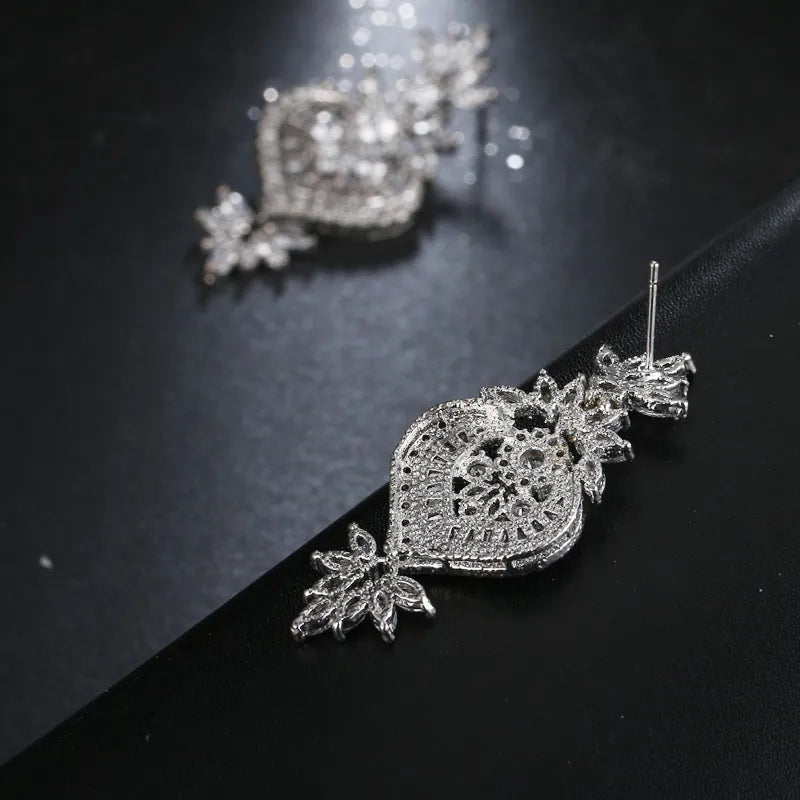 sengpan - New Arrival Luxury Big Long Flower Pendant Drop Earrings With Shining CZ Brincos Bridal Women Wedding Party Jewelry