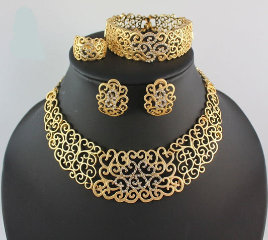 sengpan African Costume Jewelry Sets Gold  Crystal Wedding Women Bridal Accessories nigerian Flower Pattern Necklace Set