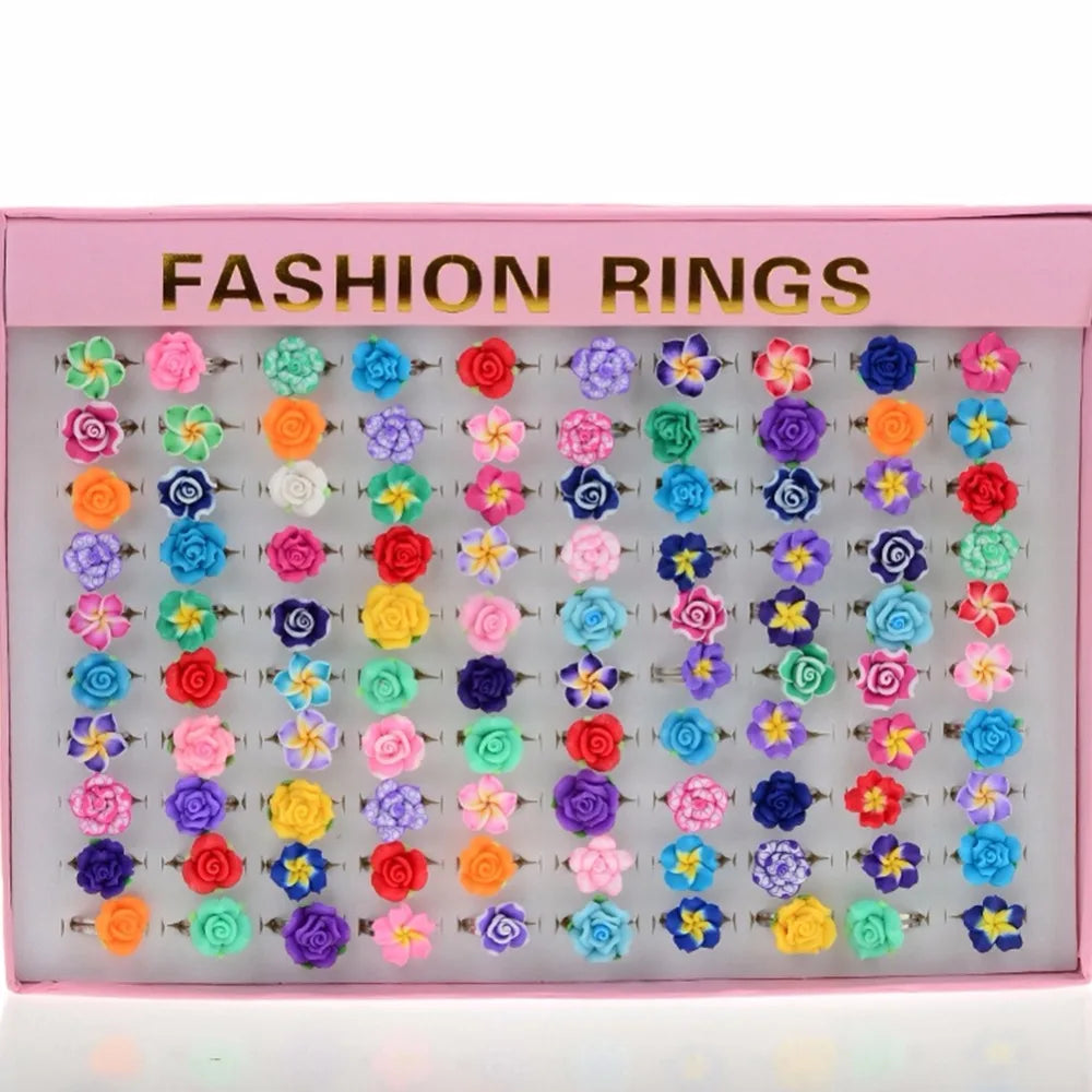 sengpan 20Pcs /Lots Kids Rings Wholesale Mixed Colors Flower Polymer Clay Finger Ring Adjustable For Children Gift