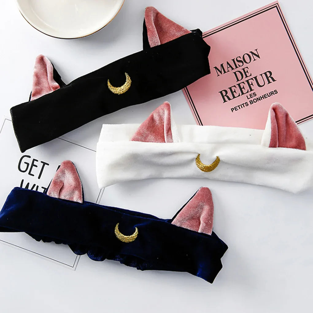 Lianfudai NEW Fashion Women Gum for Hair Elastic Hairbands Girls Cartoon Moon Cat Ears Hairbands for Wash Face Makeup Hair Band Headbands