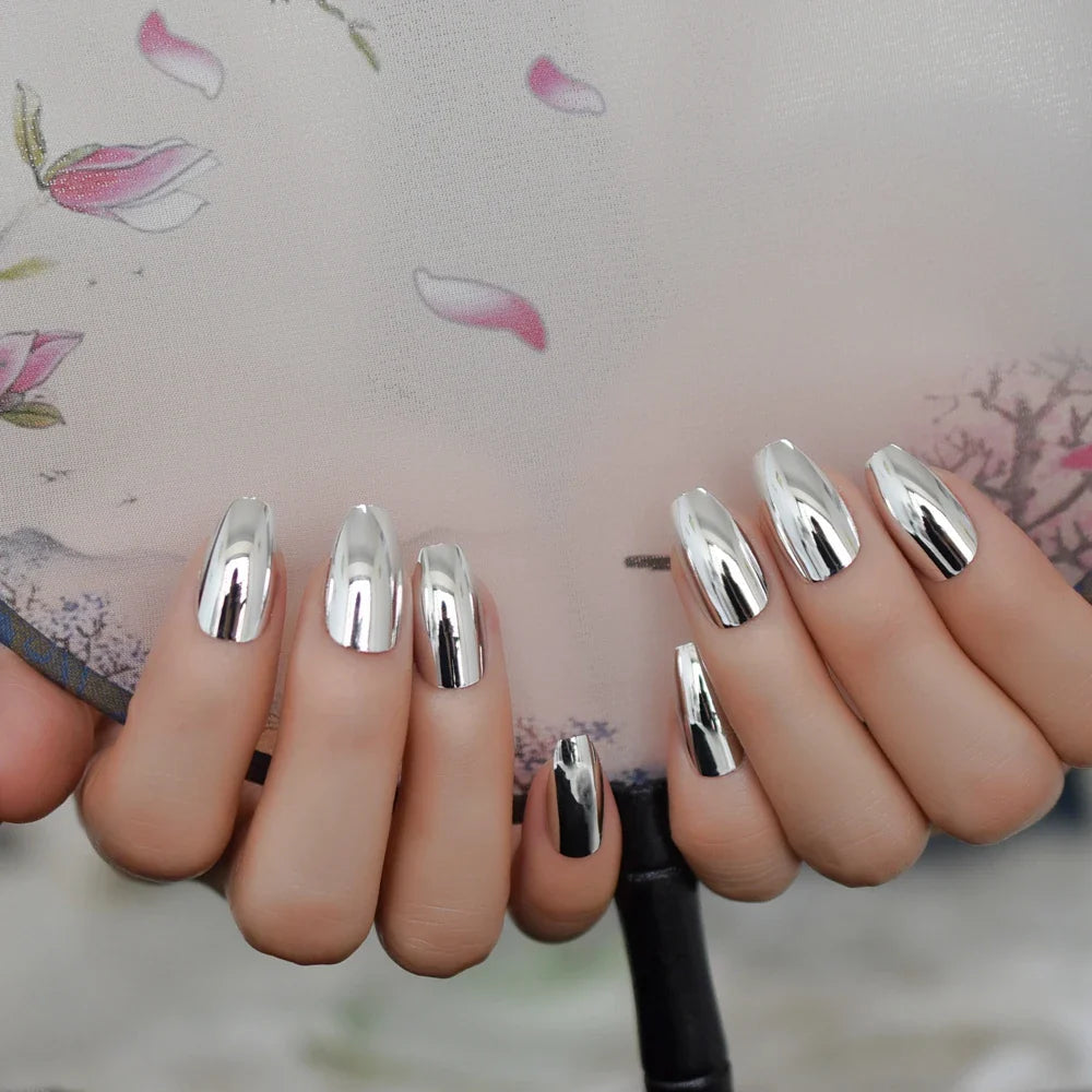 sengpan Bright Silver Artificial Mirror Nails Set Coffin Shaped Nail Metallic Chrome Acrylic Nail Kit with Adhesive Tabs