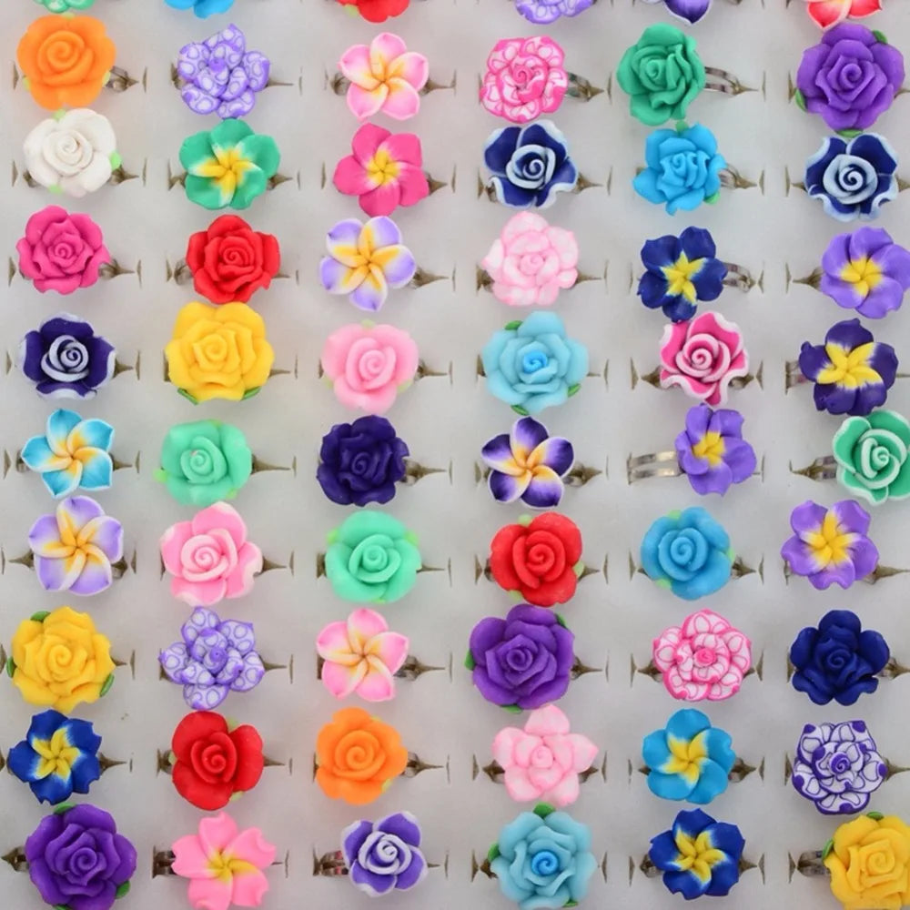 sengpan 20Pcs /Lots Kids Rings Wholesale Mixed Colors Flower Polymer Clay Finger Ring Adjustable For Children Gift