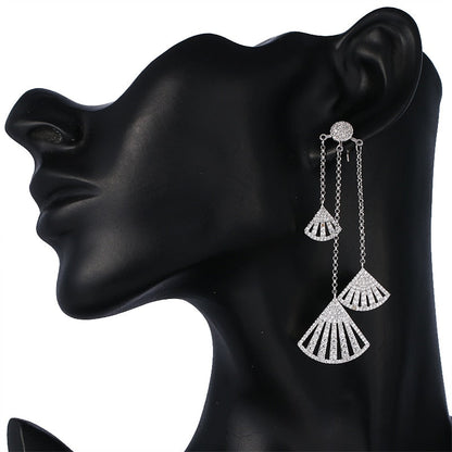 sengpan - Luxury Silver-Color With AAA+ CZ Sector Shape Long Tassel Dangle Drop Earrings for Women