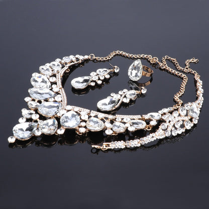 sengpan Women Bridal Jewelry Sets Wedding Necklace Earring Bracelet Ring For Brides Bridesmaid Party Accessories Crystal Decoration