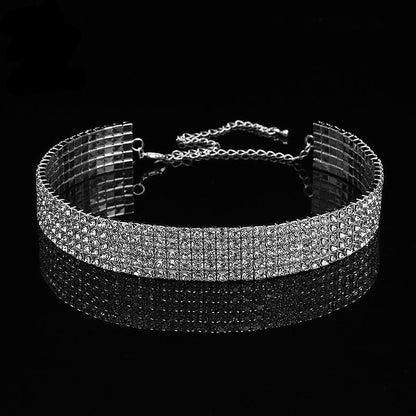 sengpan Bridal Wedding Prom 1-5 Row Rhinestone Choker Chain Necklace for Women Diamante Crystal Choker Necklace Elastic Cord