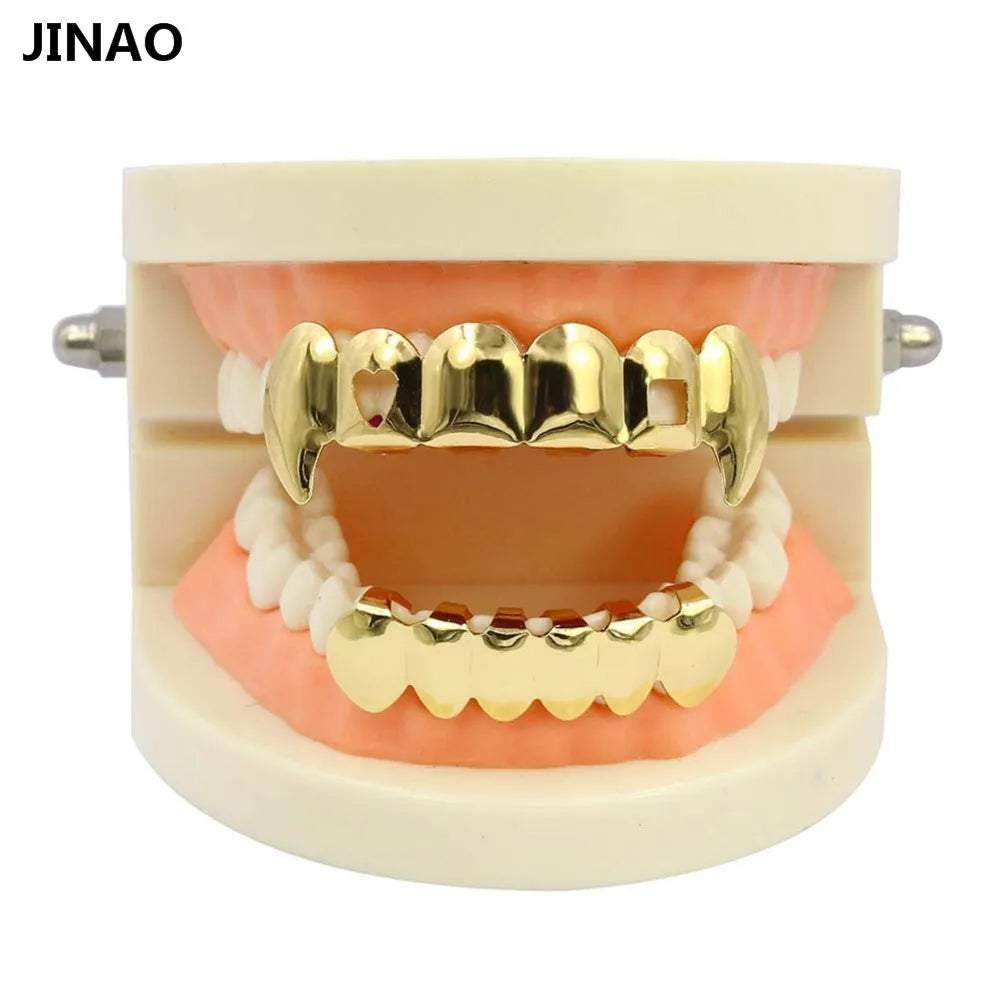 sengpan Gold Color Plated Hip Hop Teeth Grills Caps Hollow Heart Square Top&Bottom vampire teeth Grillz Set for Halloween Party