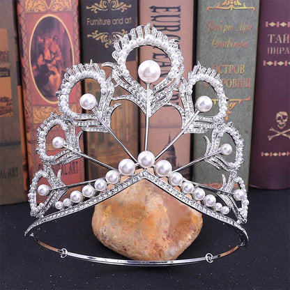 sengpan Women Big Round Shaped Tiara Crown Bridal Wedding Feather Shaped Beauty Hair Jewelry Girls Simulation Pearl Pageant Headpieces