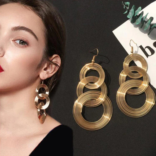 sengpan Punk Gold Colour Big Geometric 3 Circle Metal Long Dangle Earrings For Women Bohemian Party Exaggerated Fashion Jewelry