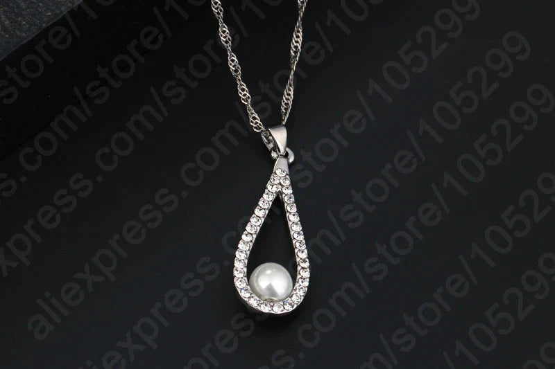 sengpan Real 925 Silver Needle Shiny CZ Crystal Water Drop Pearl Necklaces For Woman Fine Jewelry Wedding Earring Set Gift Hot