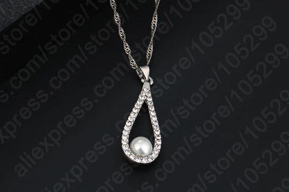 sengpan Real 925 Silver Needle Shiny CZ Crystal Water Drop Pearl Necklaces For Woman Fine Jewelry Wedding Earring Set Gift Hot