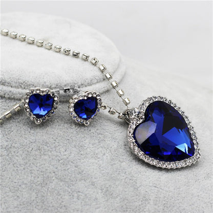 sengpan bridal jewelry set for wedding Heart of Ocean Blue Heart Love Forever Jewelry Set For Women Crystal Rhinestones Necklace Earrings Ring Bracelet Set