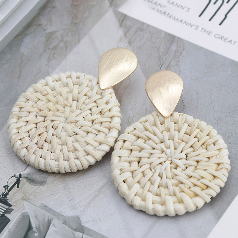 sengpan Multiple 27 Style Korea Handmade Wooden Straw Weave Rattan Vine Braid Drop Earrings New Fashion Geometric Long Earrings