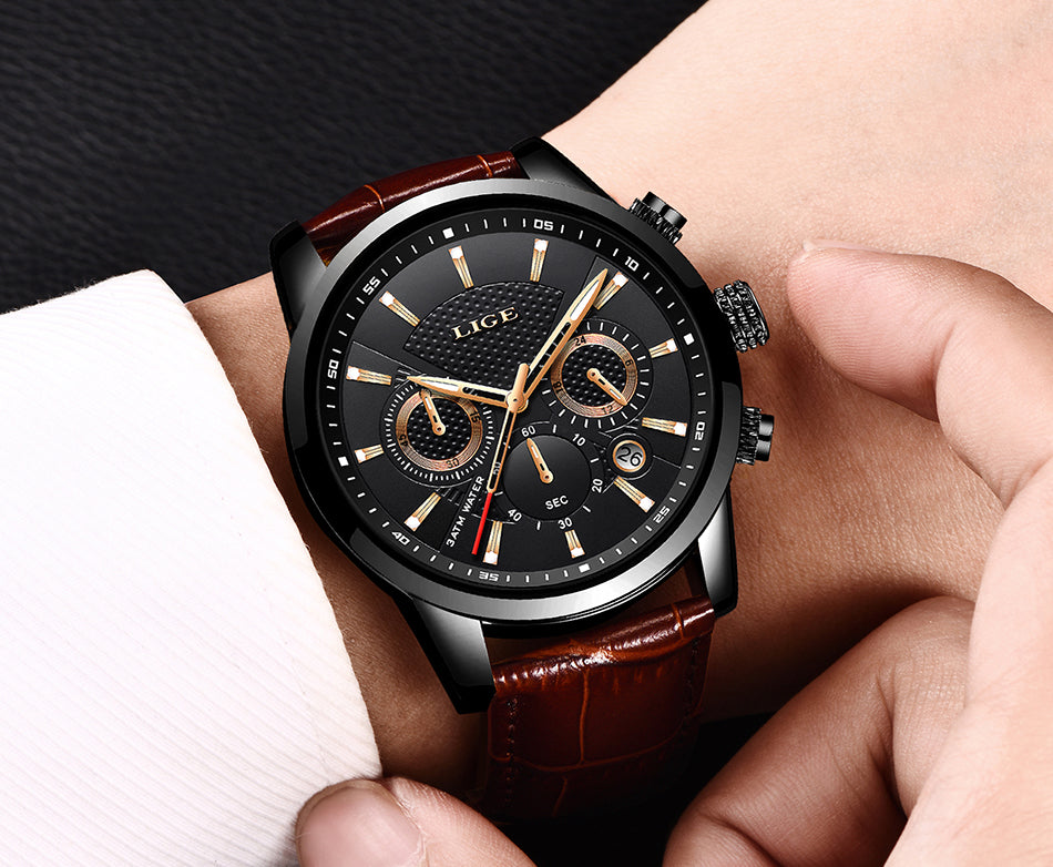 sengpan Men's Watches LIGE Top Brand Luxury Men Wrist Watch Leather Quartz Watch Sports Waterproof Male Clock Relogio Masculino+Box