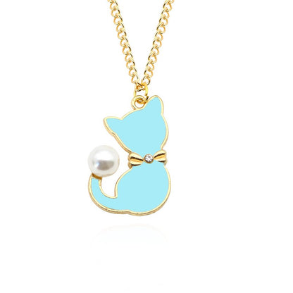 sengpan Fashion Enamel Cat Pearl Tail Choker Necklace For Women Gifts Cute Animal Necklaces Pendants Jewelry Dropshipping Colar