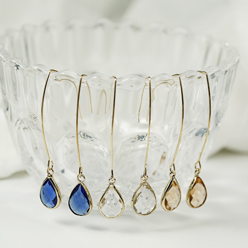 sengpan 8Seasons New Simple Yellow/White/Blue Crystal Water Drop Earrings for Women Wedding Party Long Dangle Earring Fashion Jewelry