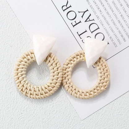 sengpan Multiple 27 Style Korea Handmade Wooden Straw Weave Rattan Vine Braid Drop Earrings New Fashion Geometric Long Earrings