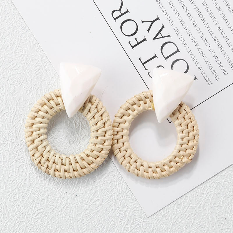 sengpan Multiple 27 Style Korea Handmade Wooden Straw Weave Rattan Vine Braid Drop Earrings New Fashion Geometric Long Earrings