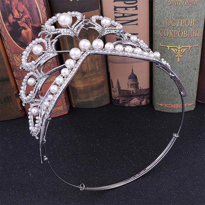 sengpan Women Big Round Shaped Tiara Crown Bridal Wedding Feather Shaped Beauty Hair Jewelry Girls Simulation Pearl Pageant Headpieces