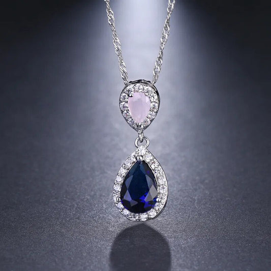 sengpan - New Hot sale Pink and Blue Fashion Zircon Necklaces & Dazzling Double Water Drop Shaped Pendant Necklace For Women Gift