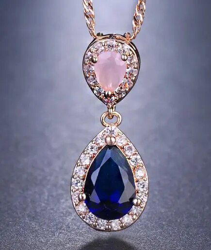 sengpan - New Hot sale Pink and Blue Fashion Zircon Necklaces & Dazzling Double Water Drop Shaped Pendant Necklace For Women Gift