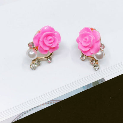 sengpan Korean Fashion Jewelry Exaggerated Earrings New Style Korean Women Ol Pink Rose Imitation Pearl Crystal Earrings Wholesale