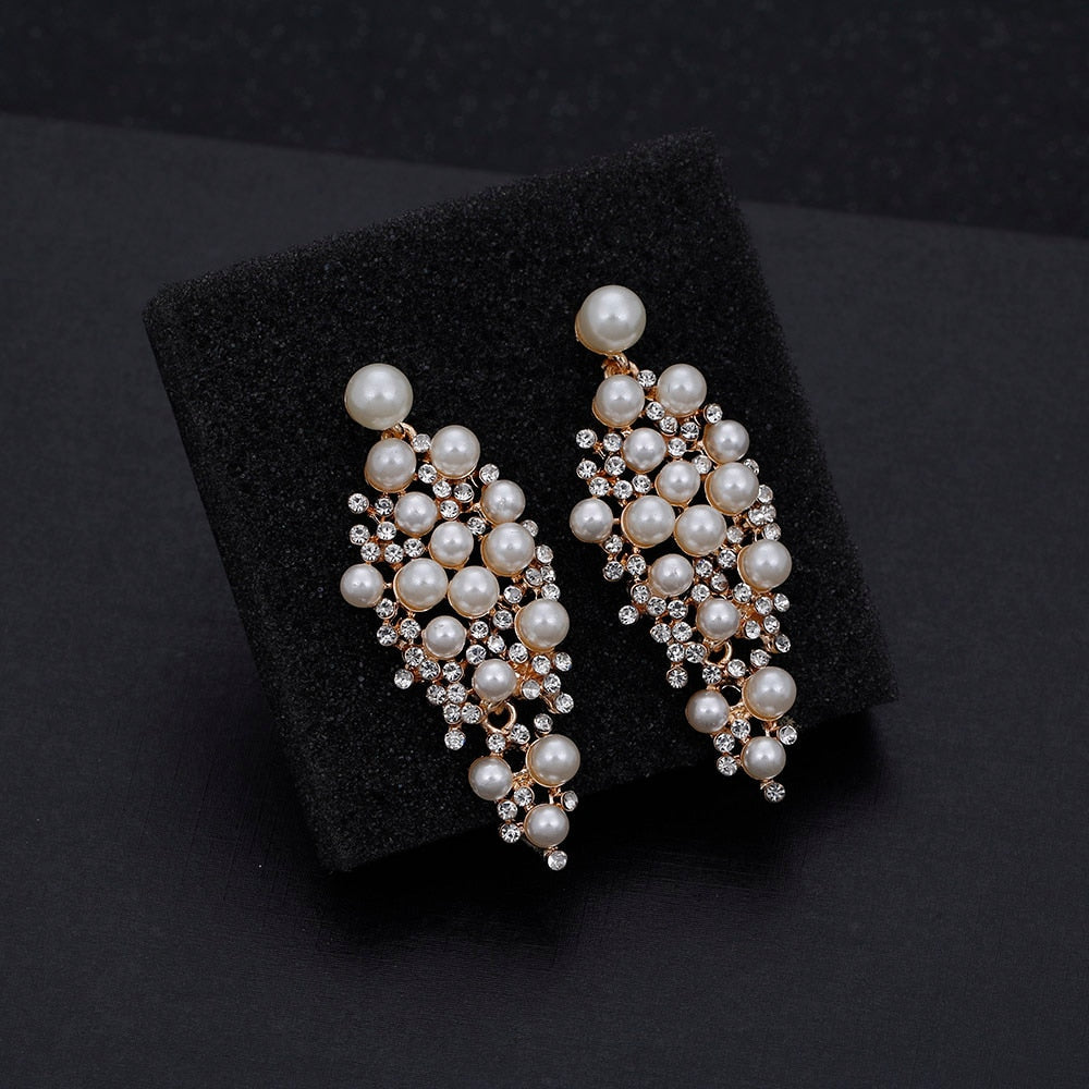 sengpan Gold Color Bridal Drop Earrings Simulated Pearl Crystal Statement Earrings for Women Wedding Party Jewelry Gift