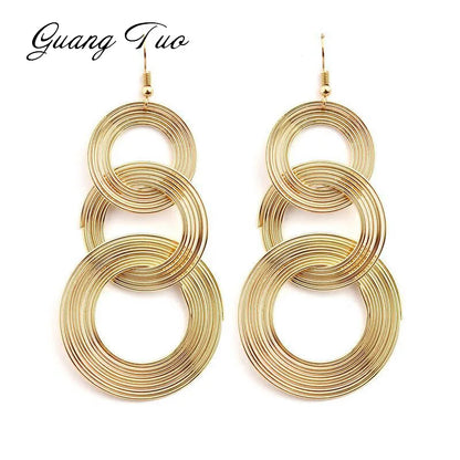 sengpan Punk Gold Colour Big Geometric 3 Circle Metal Long Dangle Earrings For Women Bohemian Party Exaggerated Fashion Jewelry