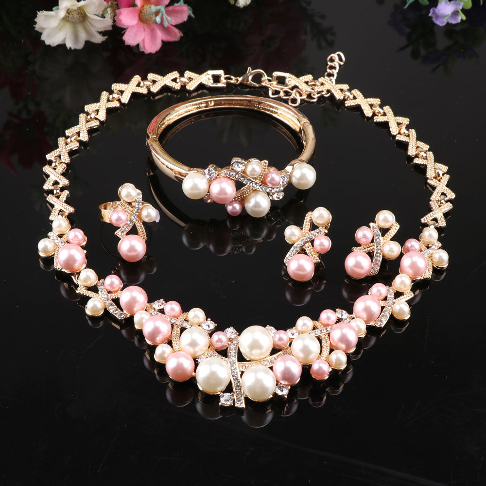 sengpan bridal jewelry set for wedding New Arrival Gold color Crystal Colorful Pearl Necklace Jewelry Set Women Imitation Wedding Fashion Pearl Jewelry