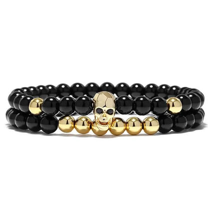 sengpan One Sets 6mm Black Energy Yoga Skull Charm Bracelet For Men Women Natural Stones Buddhist Strand Beads Bracelets Jewelry