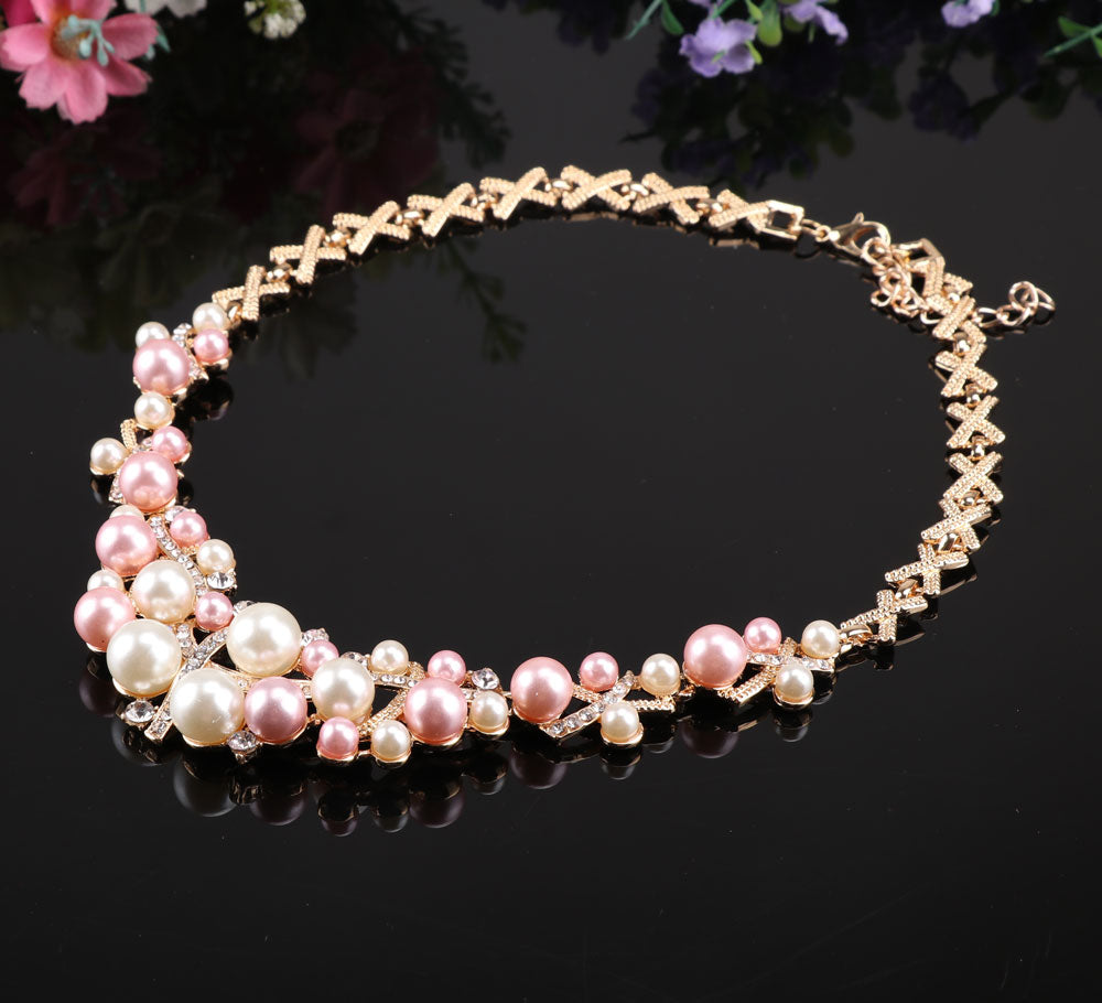 sengpan bridal jewelry set for wedding New Arrival Gold color Crystal Colorful Pearl Necklace Jewelry Set Women Imitation Wedding Fashion Pearl Jewelry