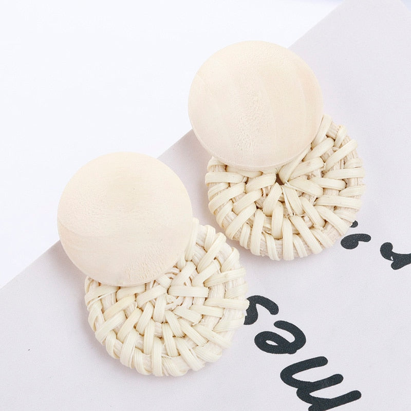 sengpan Multiple 27 Style Korea Handmade Wooden Straw Weave Rattan Vine Braid Drop Earrings New Fashion Geometric Long Earrings