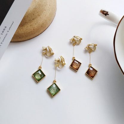 sengpan Simple Elegant Transparent Crystal Clips on Earring Without Non Piercing Vintage No Ear Hole Square Rhombus Stone Clip Earrings