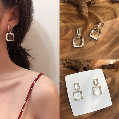 sengpan Korean New Design Fashion Jewelry Double Square Earrings Luxury Transparent Glass Crystal Party Earrings for women gift