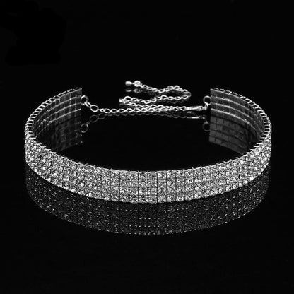 sengpan Bridal Wedding Prom 1-5 Row Rhinestone Choker Chain Necklace for Women Diamante Crystal Choker Necklace Elastic Cord