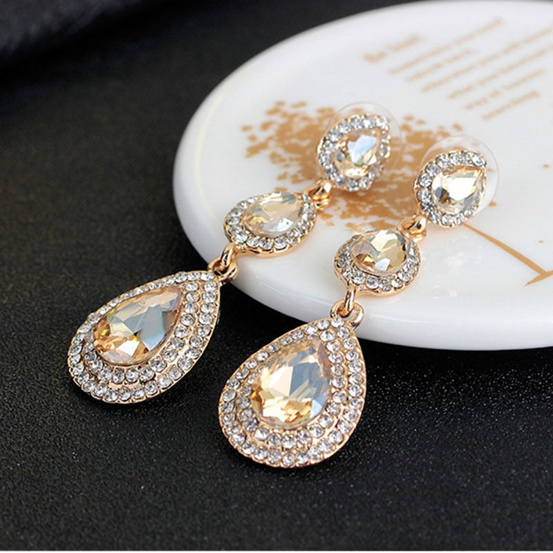 sengpan Champagne Crystal Earrings Gold Color Jewelry Fashion Female Bricons Wedding Long Big Drop Earrings For Women