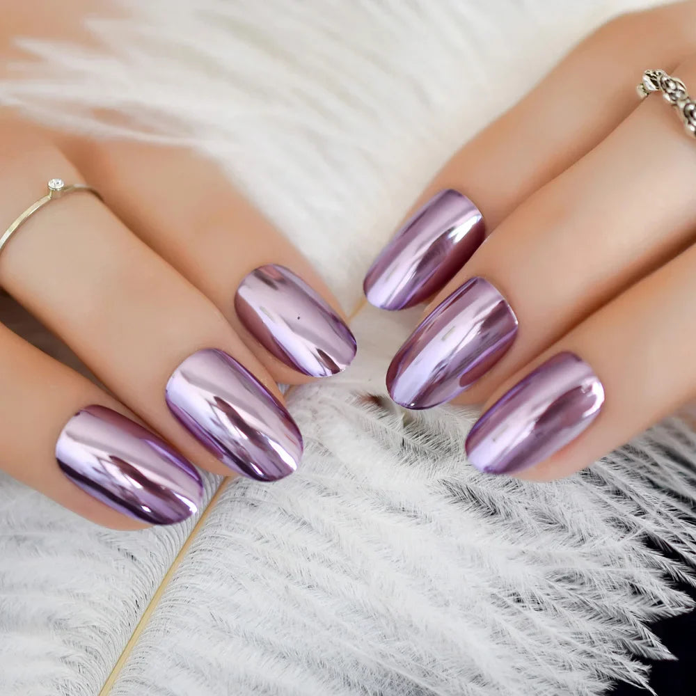 sengpan Bright Silver Artificial Mirror Nails Set Coffin Shaped Nail Metallic Chrome Acrylic Nail Kit with Adhesive Tabs